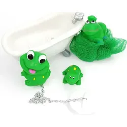 Badefrösche Set mit Badewanne als Seifenablage & Stöpsel Grün Weiß PVC - Grün