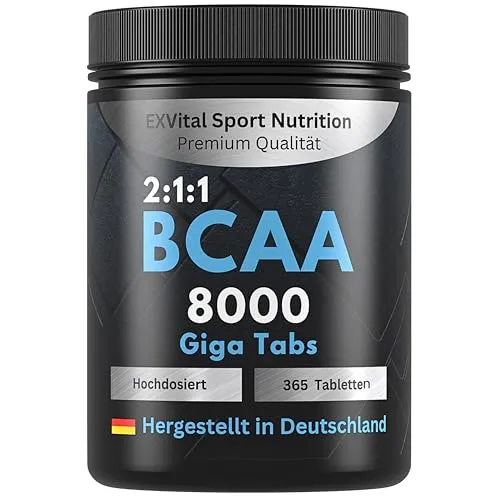 BCAA 8000 Giga Tabs - 365 vegane Tabletten, hochdosiert mit 8000mg BCAA pro Tag - im optimalen Verhältnis 2:1:1 - Aminosäuren Komplex aus Leucin, Isoleucin & Valin - laborgeprüft