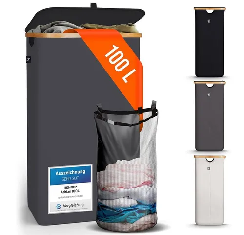 HENNEZ Wäschekorb mit Deckel – Faltbarer Bambus Wäschekorb 100 l - Wäschekörbe mit 100 l Fassungsvermögen, ideal für eine diskrete und geruchsfrei Aufbewahrung von Schmutzwäsche. Mit waschbarem Wäschenetz und kinderleichtem Aufbau – perfekt für jedes Zuhause!