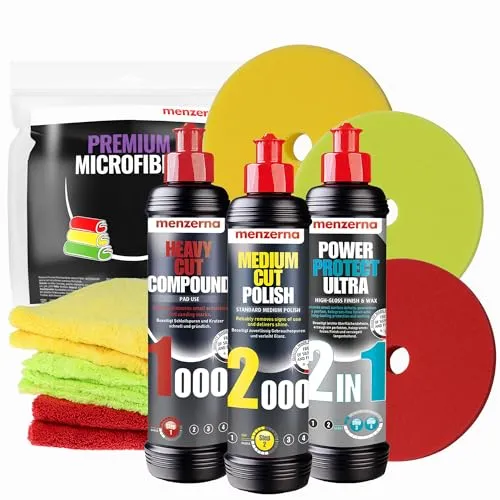 Menzerna Autopolitur Set | Heavy Cut Compound 1000 + Medium Cut Politur 2000 + Power Protect Ultra 2in1 Lackversiegelung + Polierpads 150mm + 3 Poliertücher | Auto Polierset
