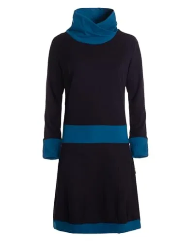 Vishes Alternative Bekleidung - Damen Oberhalb des Knies Kleid Baumwolle Casual Daumenloch Stehkragen mit Taschen schwarz-türkis 38