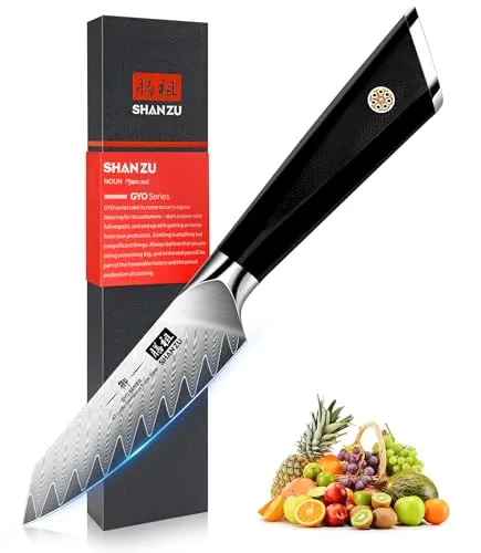 SHAN ZU Damastmesser Schälmesser Obstmesser scharf 9,3 cm Gemüsemesser Küchenmesser, 10Cr15MoV Japanischem Damaststahl 67-Schicht Damaszener Stahl Twill Muster Fruchtmesser mit G10 Griff - GYO Series