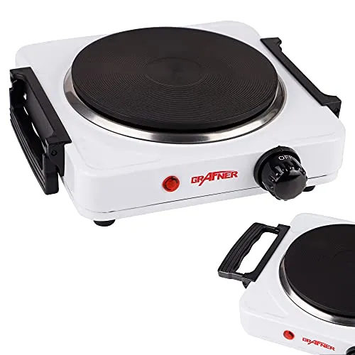 Grafner Kochplatte mit klappbaren Griffen, 1000 Watt, 1 Massekochfeld mit 1x Ø 155 mm, stufenlose Temperatureinstellung, Farbe nach Wunsch: schwarz oder weiß, Kochfeld Herdplatte Campingkocher