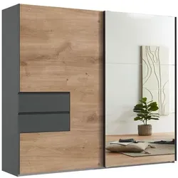 luma-home Schwebetürenschrank Eiche mit Spiegeltür - Moderner Kleiderschrank mit 3 Fächern und 2 Schubladen, bietet viel Stauraum und leisen Selbsteinzug für komfortable Nutzung im Schlafzimmer.