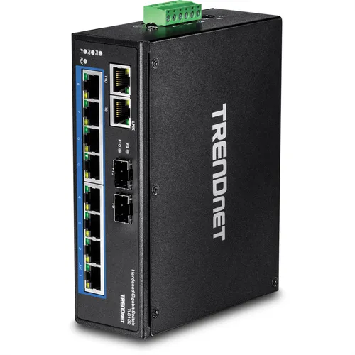 TRENDnet TI-G102 Switch - Unmanaged 10-Port Gigabit Switch, ideal für DIN-Schienenmontage, mit 6KV ESD-Schutz für zuverlässige Leistung in anspruchsvollen Umgebungen.