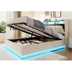 LVHOM Boxbett 140/160x200, 140x190cm, LED-Licht, multifunktionales Kopfteil, USB/-C (Samtstoff, hydraulisches Stausystem, offenes Kopfteil, Seitentaschen für die Fernbedienung, USB-/Typ-C-Ladeanschlüsse, Metallrahmen mit Holzlattenrost, 300 kg Belastbarkeit), Staubschutzhülle, geeignet für verschiedene Schlafzimmer beige