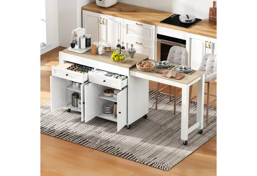 Odikalo Kücheninsel mit ausziehbarem Esstisch - Schwarz Weiß Natur - Moderne Kücheninsel mit praktischem Stauraum und ausziehbarer Arbeitsfläche von 112 cm auf 180,5 cm. Ideal für Küche und Essbereich, mit 7 Lenkrollen für müheloses Bewegen und stabilen Stand.