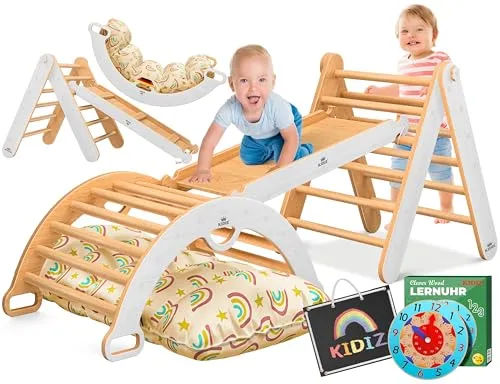 KIDIZ Klettergerüst 7in1 - Montessori Spiel-Set für Kleinkinder - Klettergerüst für Kinder ab 1 Jahr – 7in1 Funktionsdesign mit Lernuhr & Tafel, fördert spielerisch Motorik und soziale Fähigkeiten, kompakt klappbar und sicher aus Holz gefertigt.
