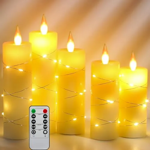 Da by LED Kerzen mit Einbau-Lichterkette, 5 LED-Kerzen mit Fernbedienung, 24-Stunden-Timer-Funktion, tanzende Flamme, echtes Wachs, batteriebetrieben.