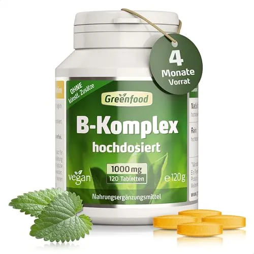 Vitamin B Komplex hochdosiert 1000mg - 120 Tabletten, vegan - Vitamin B-Complex Präparate mit 1000mg hochdosierten B Vitaminen pro Tagesdosis, laborgeprüft und ohne künstliche Zusätze für optimale Bioverfügbarkeit.
