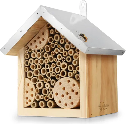 WILDLIFE HOME Bienenhotel mit Metalldach - Bienen- & Insektenhotels, robuste Nisthilfe aus hochwertigem Bambus und Holz, ideal für Wildbienen und einfache Montage ohne Werkzeug.