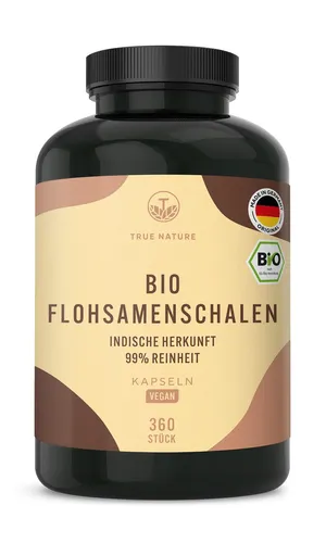 TRUE NATURE® Bio Flohsamenschalen Kapseln - Vegan & Made in Germany - Superfood Mix mit 750mg Ballaststoffen pro Kapsel, ideal für eine gesunde Verdauung und hohe Wasserbindefähigkeit.