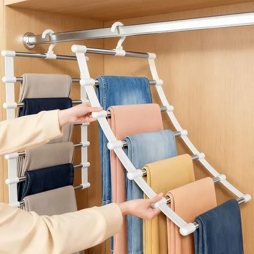 Acsatont Hosenbügel Platzsparend, 2 Stück Kleiderbügel 6 Etagen Edelstahl, Faltbarer Kleiderbügel, Organizer Platzsparend für Hosen, Gürtel, Schals, Handtücher, Laken