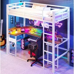 Hochbett Modern Aus Metall Weiß 90x200 Cm Mit Schreibtisch, Led-lichtleiste, Lochwand Und Usb/type-c-anschlüssen
