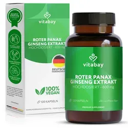 Vitabay Roter Panax Ginseng Extrakt 600mg - Vegan & Laborgeprüft - Konzentration & Leistungsfähigkeit mit 600mg hochwertigem Ginseng-Extrakt. Ideal für natürliche Energie und Wohlbefinden, vegan und ohne Zusatzstoffe.