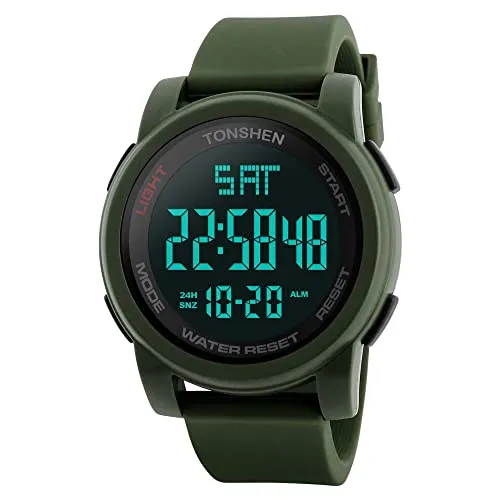 TONSHEN Herren Digital Uhren Outdoor Militär 50M Wasserdicht Multifunktional Sportuhr LED Elektronik Doppelte Zeit Groß Plastik Lünetten und Kautschuk Band Armbanduhr (Grün)