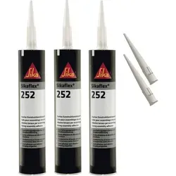 Sikaflex-252 schwarz 3er Set mit 5 Spitzen - Baumaterial: Hochbelastbarer 1K Polyurethan Konstruktionskleber, elastisch und überlackierbar, ideal für strukturelle Verklebungen auf verschiedenen Untergründen.