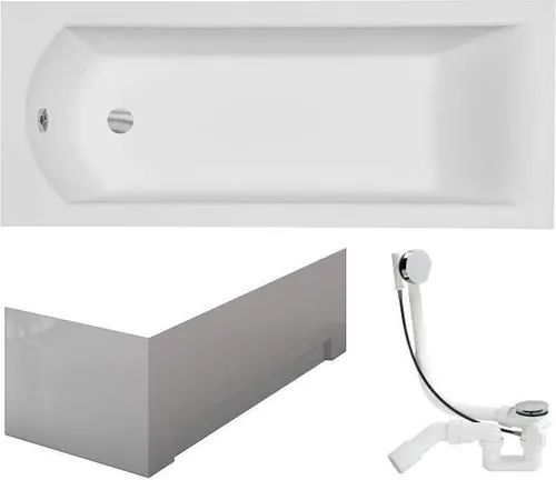 VBChome Badewanne 180x80 cm Acryl SET Schürze Siphon Wanne Rechteck Weiß Design Modern Ablaufgarnitur in Chrom Viega Simplex