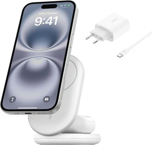 Belkin BoostCharge 2-in-1 - Magnetisches einklappbares Qi2 Ladegerät, 15 W Schnellladen für iPhone 16/15/14/13/12, ideal für Zuhause und unterwegs