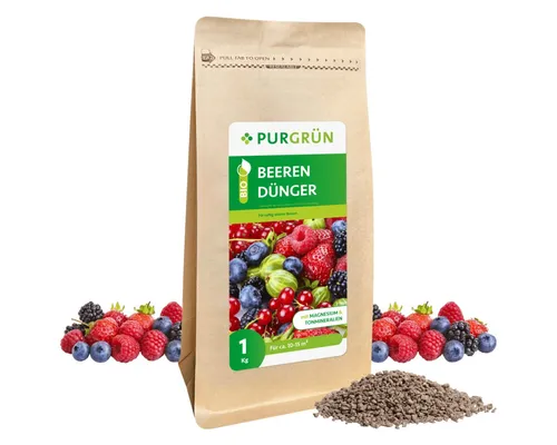 Purgrün Bio Beerendünger 1 kg - Obstdünger für gesunde Beerensträucher, mit hoher Kalium- und Magnesiumformel für optimale Fruchtbildung und langanhaltende Wirkung.