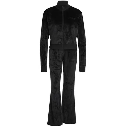 adidas Glam Velvet Tracksuit für Damen, schwarz, XXL - Stylischer, schmal geschnittener Trainingsanzug mit Stehkragen und ausgestelltem Saum. Hergestellt aus recyceltem Polyester für einen modernen Look und hohen Tragekomfort.