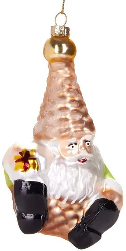 BRUBAKER Christbaumschmuck Kunstvolle Baumkugel Zwerg mit Geschenk, Weihnachtsdekoration aus Glas, handbemalt - Lustige Weihnachtskugel