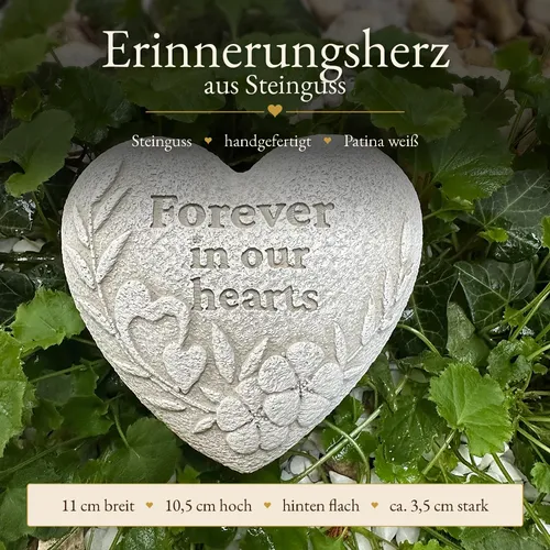 Grabschmuck Herz aus Steinguss – „Forever in our hearts“ – Gedenkstein & Trauerherz handgefertigt hell
