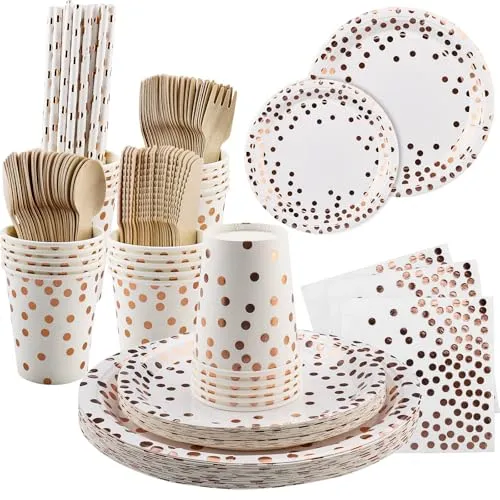 Vexillic Partygeschirr, 200 Stück Pappteller Set, Papier Geschirr Set Partyzubehör Einschließlich Messer Holz Gabel Löffel Teller Becher Servietten für 25 Gäste (Roségold)