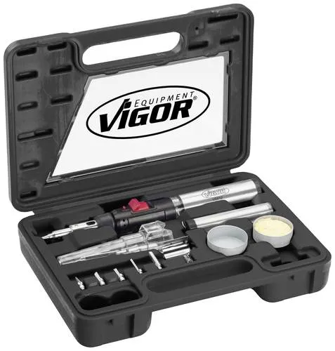 ViGOR Gas Lötkolben-Satz V5512 - Vielseitiges Lötgerät mit 7 Adaptern - Lötgeräte: Der ViGOR Gas Lötkolben-Satz V5512 kombiniert Lötkolben, Brenner und Heißluftfön für vielseitige Anwendungen und ist ideal für Orte ohne Stromversorgung.