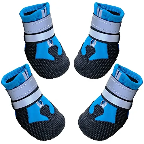 AMOMYDOG Hundeschuhe, 4 Stück Atmungsaktive Hunde Schuhe Outdoor mit Rutschfester Sohle, Verstellbarem Reflektierendem Klettverschluss Hundestiefel für kleine, Mittlere und Große Hunde (Blau, XL)