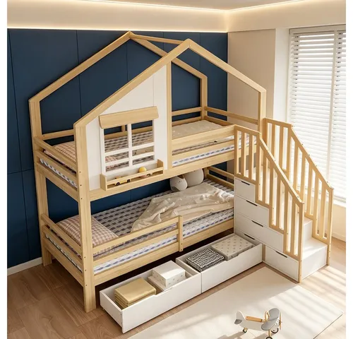 OKWISH Etagenbett Kinderbett mit Stauraum und Sicherheitsleiter, 90x200 cm - Praktisches Etagenbett für Kinderzimmer mit sicherer Treppe und zwei Schubladen. Das verspielte Design schafft eine gemütliche Atmosphäre und bietet viel Platz zum Schlafen und Spielen.