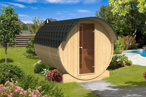 Finn Art Blockhaus Fasssauna Kari 1, 42 mm, Schindeln rot, Outdoor Gartensauna, ohne Ofen, mit Vorraum