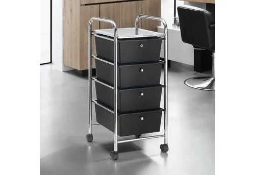 IDIMEX Beistellwagen GINA - Mobiler Badrollwagen mit 5 Schubladen - Beistellwagen mit 4 schwarzen Kunststoffschubladen und 1 Ablagefläche, ideal für Kosmetikartikel oder Büromaterial. Flexibel einsetzbar dank 4 Rollen, perfekt für Zuhause, Büro oder Friseur.