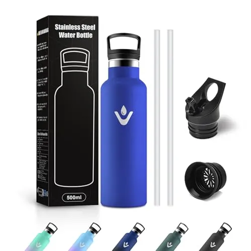 Thermosflasche 500ml, Wasserflasche Kohlensäure Geeignet, Auslaufsicher Trinkflasche mit Strohhalm, für Sport, Reisen, Sprudel