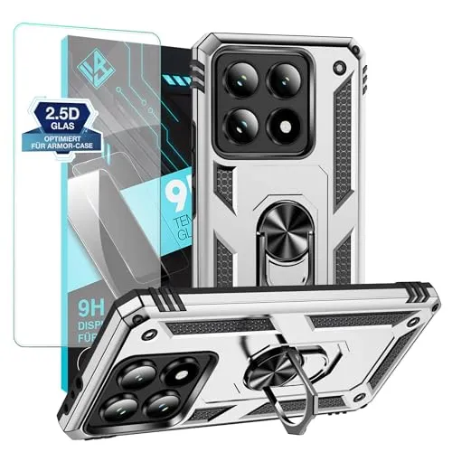 LBH Outdoor Hülle für Xiaomi 14T Pro Armor Militär Stoßfest Handyhülle 360 Grad Metal Ring Halter Ständer Schutzhülle für Handyhalterung Auto Magnet Silber