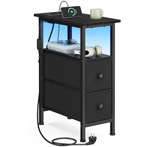 SONGMICS Nachttisch mit Steckdosen und USB, 2 Stoffschubladen | Schmaler Beistelltisch mit LED Beleuchtung, 21,6 x 46 x 60,4 cm, Tintenschwarz, BELLAH Kollektion LGS002B102