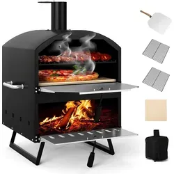 COSTWAY Outdoor Pizzaofen, 2-lagigem Pizza Ofen mit Grillrost, Pizzaschaufel, quadratischem Stein, wasserdichter Abdeckung, Holzofen Brennofen tragbar - Schwarz/Silber
