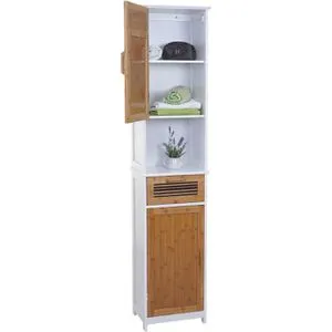 Mendler Badschrank HWC-A85, braun/weiß, stehend - Bad-Hochschrank mit 5 Fächern, ideal für Handtücher und Kosmetik. Aus feuchtigkeitsbeständigem MDF & Bambus, mit praktischen Lamellentüren und Magnetverschluss.