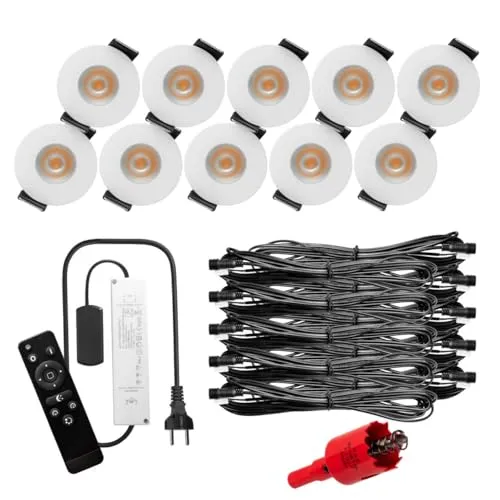 S-Polytec PREMIUM Mini LED- Einbauspots Warmweiss 3.000K, DIMMBAR, IP65, FUNK 3W Einbaustrahler Terrassenüberdachung, Bad, Sauna mit Fernbedienung (WEISS, 10x LED-SET)