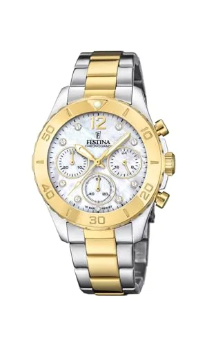 Festina Boyfriend F20604/1 Damenchronograph - Eleganter Silber-Look - Chronograph für Damen mit schimmerndem Perlmuttziffernblatt und goldplattiertem Edelstahlarmband. Wasserdicht bis 10 ATM, ideal für jeden Anlass.