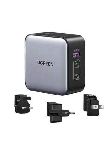 UGREEN USB-A+2*USB-C 65W GaN Reise-Ladegerät - Grau - Netzteile & Ladegeräte, 65W Hochgeschwindigkeitsladung für MacBook Pro in nur 1,5 Stunden, ideal für internationale Reisen mit abnehmbaren Steckern für EU, UK und US.