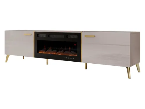 MIRJAN24 TV-Schrank Picru 2D EF mit Kamin - TV-Halterung mit realistischer LED-Flamme, ideal für gemütliche Abende. Maße: 214x38x50 cm, in elegantem Cashmere mit Hochglanz und goldenen Akzenten.