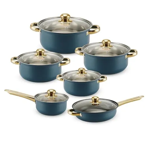 Retoo Topf und Pfannenset Induktion 12-teilig Kochtopf Set mit Glasdeckel, Topfset Edelstahl Bratpfanne Kühlbleibender Griff Spülmaschinengeeignet Durchmesser 16/18/20/24 cm