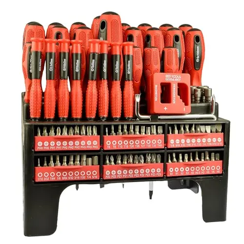 Red Tools Werkzeugset 101-teilig - Werkzeugsets mit 101 Teilen, inklusive Standregal und magnetischen Spitzen für einfachen Zugriff. Ideal für Profis und Heimwerker!