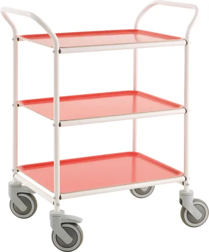 Produktbild Kongamek Tablettwagen 770x495x960mm weiß pulverbeschichtet mit Bremse und 3 roten Tabletts