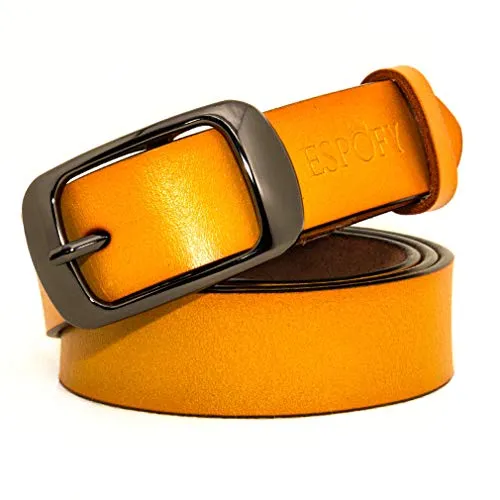 ESPOFY Damen Gürtel Echt Leder Bürtel mit Single Zinken Legierung Schnalle Gelb (115cm)