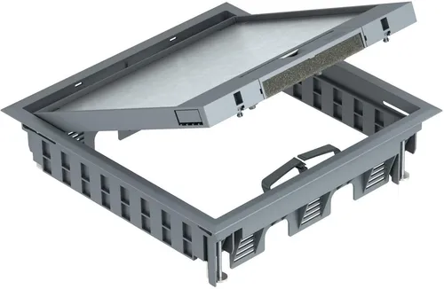 OBO Bettermann GES9-3B U 7011 Geräteeinsatz mit Griffbügel - Geräteeinsatz für bis zu 12 Modul 45-Einzelgeräte in 3 Universalträgern, ideal für Kanalsysteme und Systemböden im Innenbereich.