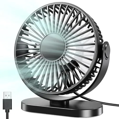 USB Tischventilator, Leistungsstarker Tragbarer Mini Ventilator , 3 Geschwindigkeiten für Schnelle Kühlung,Ultraleise&Vibrationsfrei, 360° Drehbarer Kleiner Ventilator mit Haken für Zuhause/Büro/Küche