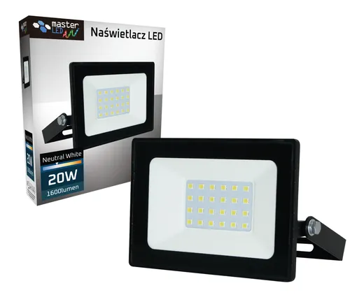 MasterLED Flutlicht SMD Tiga 20W 4500K Neutralweiß – 1600lm, IP65, Schwarz, 230V – Aluminium für Außenbereich & Garten