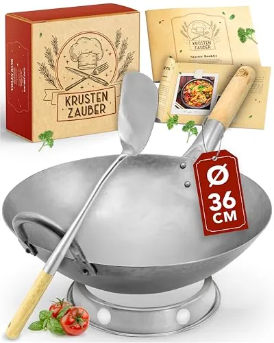 KRUSTENZAUBER 36cm Wokpfanne - Induktionsgeeignet, Ideal für Asiatische Gerichte - Pfanne für asiatische Tradition, handgehämmert aus Karbonstahl, inklusive Wender und Wokring, perfekt für 4-6 Personen und gemeinsame Kochabende.